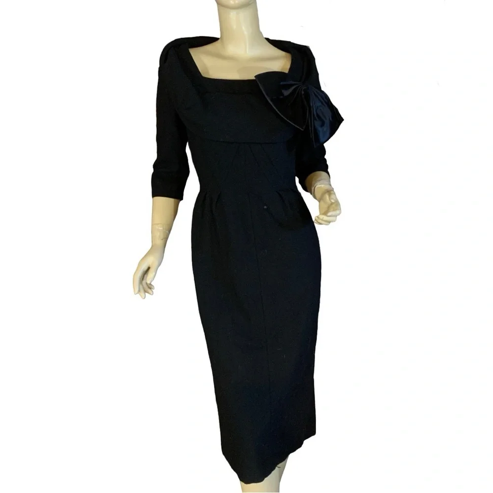 VINTAGE 1960'S CAROL CRAIG BLACK WOOL COCKTAIL WIGGLE DRESS (S) - Picture 3 of 14